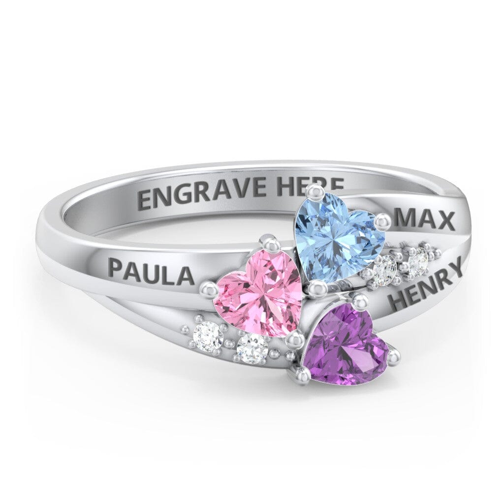 Sterling Silver Mothers Rings with 3 Birthstones, 3 Names Engraved, Customized and Personalized Ring for Women, Sizes 5 - 12
