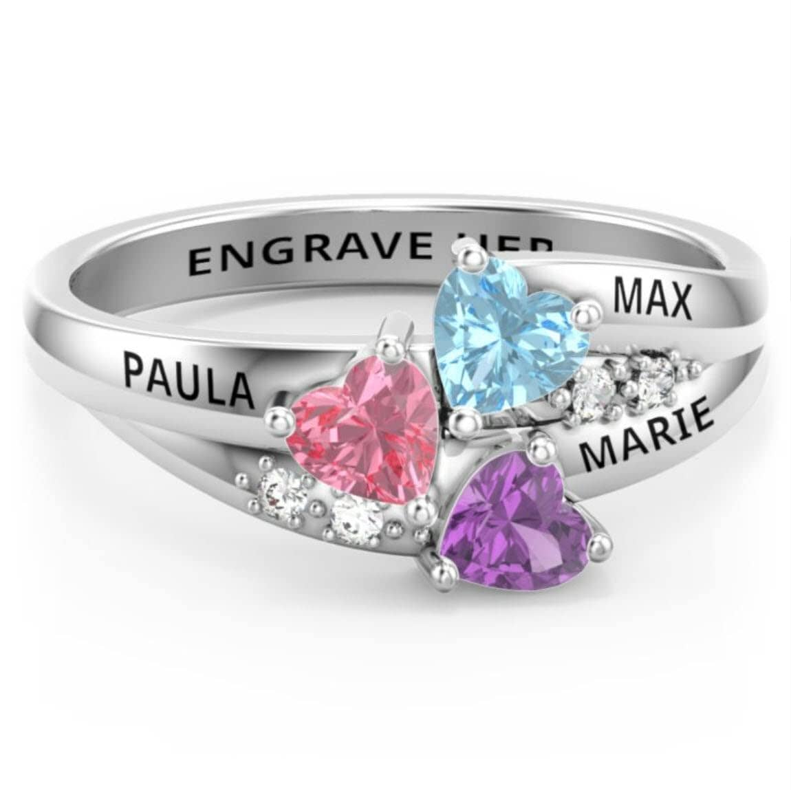 Sterling Silver Mothers Rings with 3 Birthstones, 3 Names Engraved, Customized and Personalized Ring for Women, Sizes 5 - 12