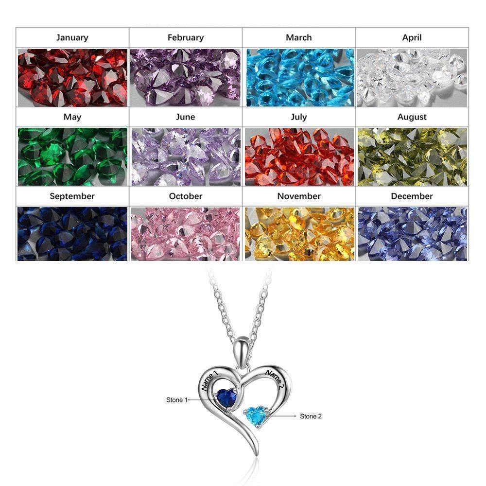 2 Birthstone Hearts 2 Names Engraved Necklace_Necklace_2 Name, 2 Stone, Aunt, Daughter, Girlfriend, Grandma, Heart, Memorial, Mom, Necklace, New, New Baby, No Accents, Wife