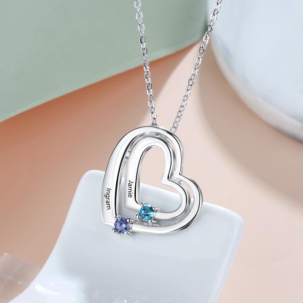 2 Hearts Nested 2 Round Birthstones Necklace_Necklace_2 Name, 2 Stone, Aunt, Daughter, Featured, Girlfriend, Grandma, Heart, Memorial, Mom, Necklace, New, New Baby, No Accents, Round, Wife
