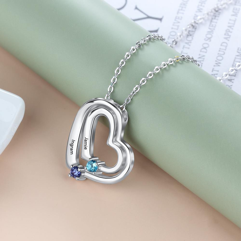 2 Hearts Nested 2 Round Birthstones Necklace_Necklace_2 Name, 2 Stone, Aunt, Daughter, Featured, Girlfriend, Grandma, Heart, Memorial, Mom, Necklace, New, New Baby, No Accents, Round, Wife