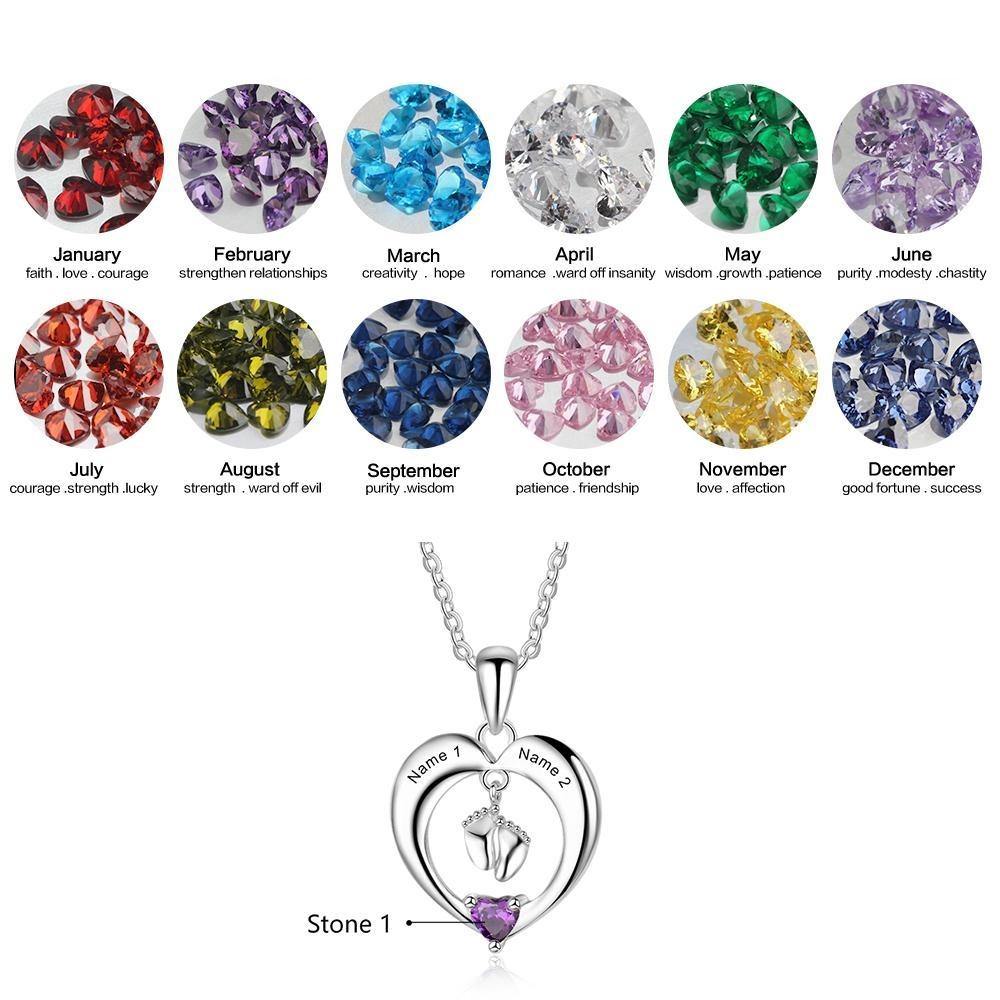Mother&#39;s Baby Feet Heart Birthstone Necklace_Necklace_1 Stone, 2 Name, Aunt, Daughter, Girlfriend, Grandma, Heart, Memorial, Mom, Necklace, New, New Baby, No Accents, Wife