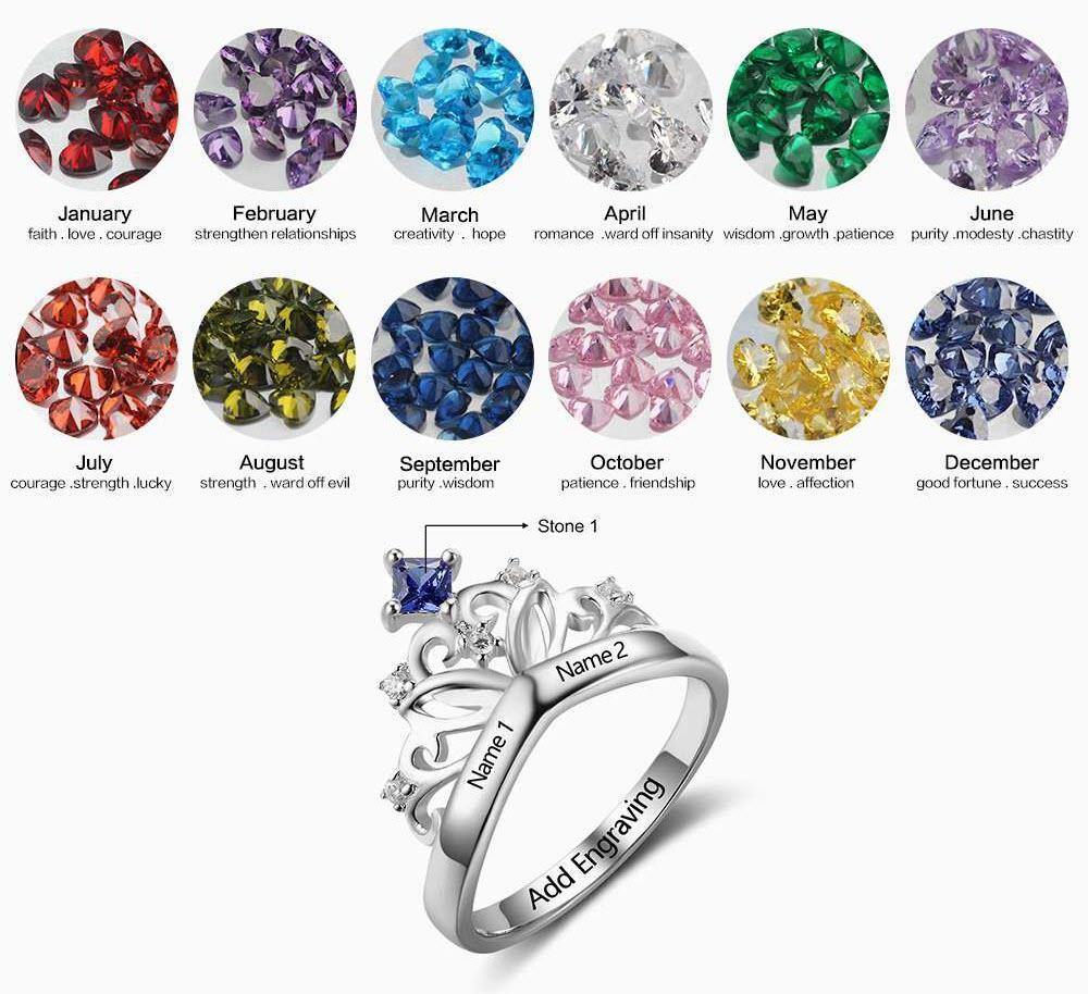 Princess Crown Ring with Single Square Birthstone_Rings_1 Stone, 2 Name, Accents, Engagement, Girlfriend, Graduation, Inside Engraving, Memorial, New, Promise, Promise Ring, Ring, Rings, Size 6, Size 7, Size 8, Size 9, Square, Tiara, Wife