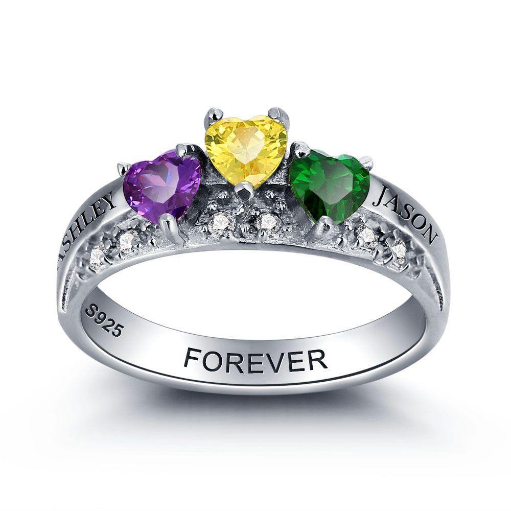 Promise Ring with 3 Heart Birthstones in Crown Arrangement_Rings_2 Name, 3 Stone, Accents, Aunt, Family Ring, Girlfriend, Graduation, Grandma, Heart, Inside Engraving, Memorial, Mom, Mom Ring, Mother's Ring, Ring, Rings, Size 6, Size 7, Size 8, Size 9, Wife
