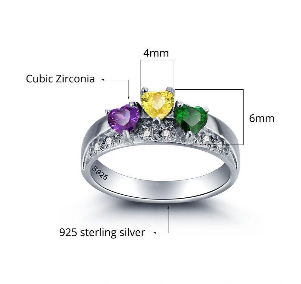 Promise Ring with 3 Heart Birthstones in Crown Arrangement_Rings_2 Name, 3 Stone, Accents, Aunt, Family Ring, Girlfriend, Graduation, Grandma, Heart, Inside Engraving, Memorial, Mom, Mom Ring, Mother&#39;s Ring, Ring, Rings, Size 6, Size 7, Size 8, Size 9, Wife