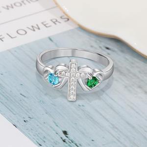 Religious Cross Ring with 2 Round Birthstones_Rings_2 Name, 2 Stone, Accents, Engagement, Inside Engraving, Memorial, New, Promise, Promise Ring, Religious, Ring, Rings, Round, Size 10, Size 5, Size 6, Size 7, Size 8, Size 9, Wife