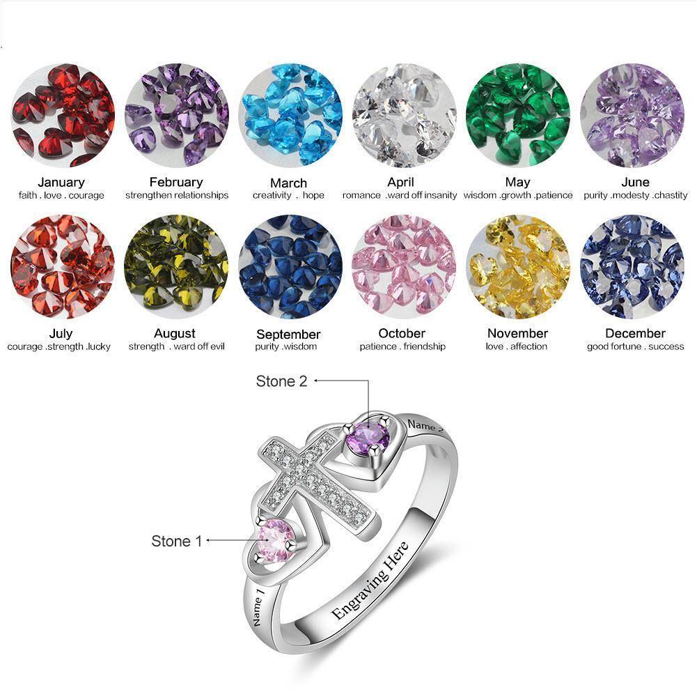 Religious Cross Ring with 2 Round Birthstones_Rings_2 Name, 2 Stone, Accents, Engagement, Inside Engraving, Memorial, New, Promise, Promise Ring, Religious, Ring, Rings, Round, Size 10, Size 5, Size 6, Size 7, Size 8, Size 9, Wife