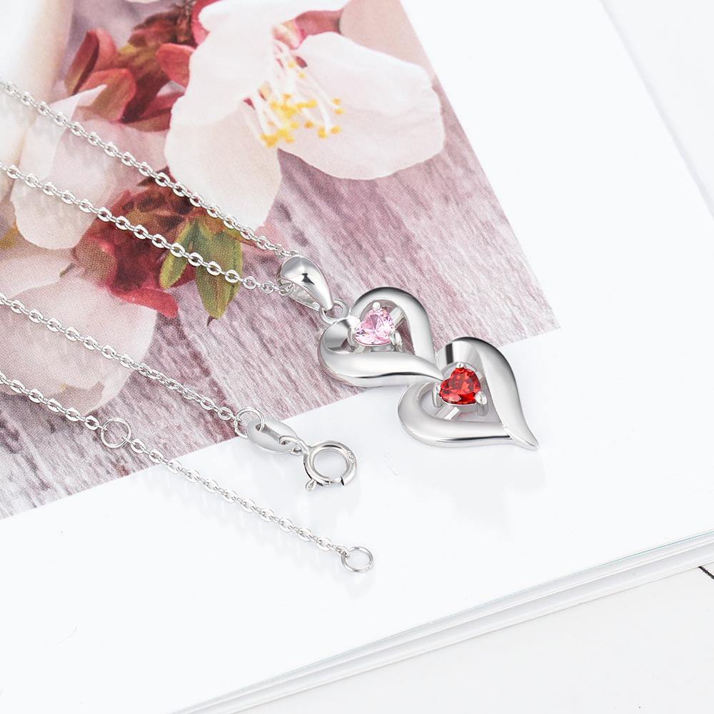 Sterling Silver Hearts Stacked 2 Birthstones Necklace_Necklace_2 Name, 2 Stone, Aunt, Daughter, Girlfriend, Grandma, Heart, Memorial, Mom, Necklace, New, New Baby, No Accents, Wife