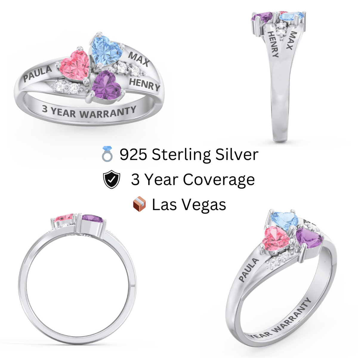 QUICKSHIP Sterling Silver Mothers Rings with 3 Personalized Heart Birthstones, Sizes 5 - 12