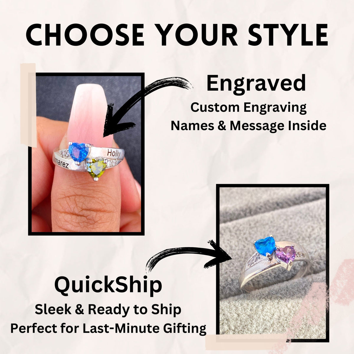 QUICKSHIP Sterling Silver Birthstone Promise Ring for Her Sizes 5-12 - Custom Birthstone Ring for Women - Personalized 2 Heart Birthstones