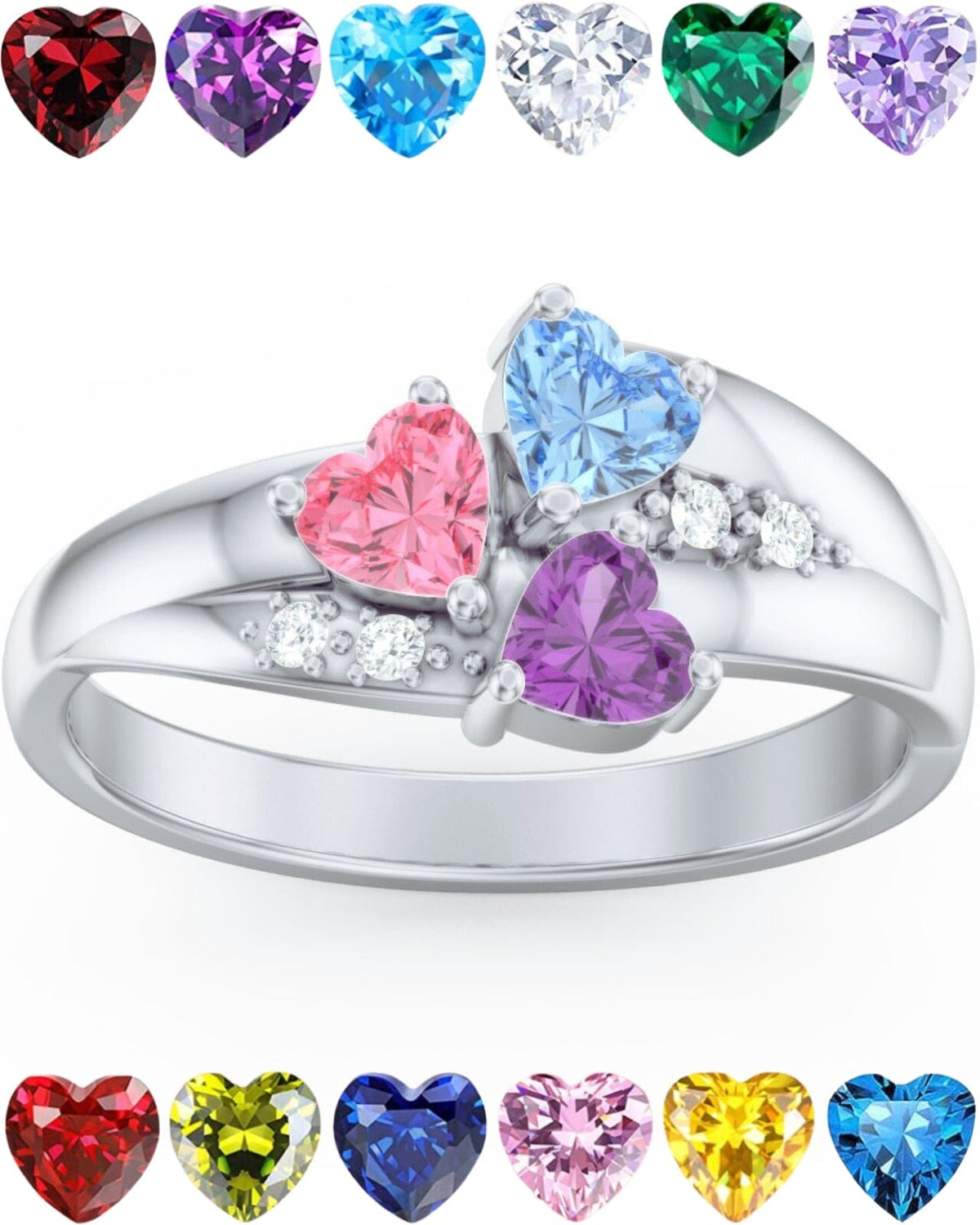 QUICKSHIP Sterling Silver Mothers Rings with 3 Personalized Heart Birthstones, Sizes 5 - 12