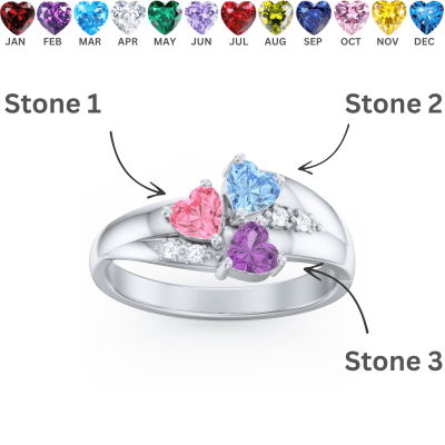 QUICKSHIP Sterling Silver Mothers Rings with 3 Personalized Heart Birthstones, Sizes 5 - 12