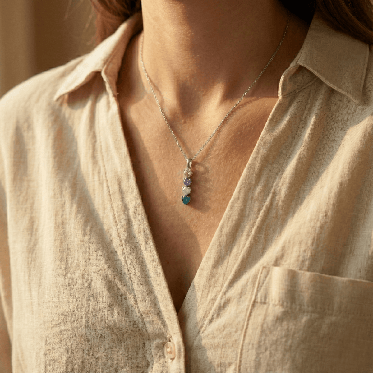 QUICKSHIP 4 Birthstone Necklace for Women, Mother's Day Necklace with Four Heart Birthstones in 925 Sterling Silver, Personalized and Customized 4 Stone Necklace, Sterling Silver Chain 18" + 2"