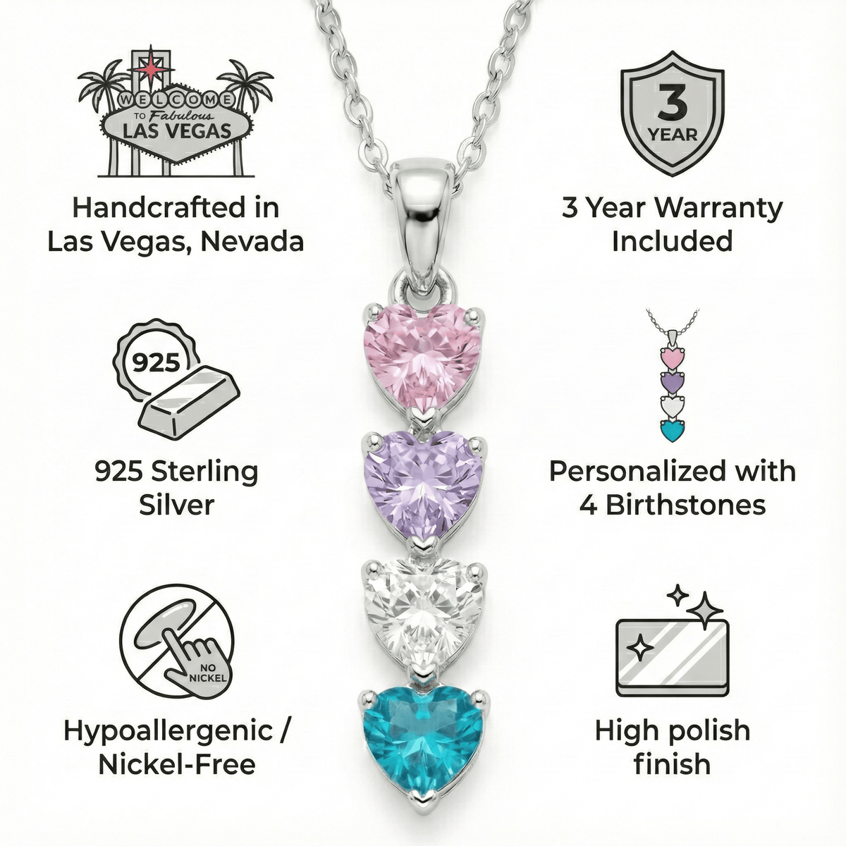 QUICKSHIP 4 Birthstone Necklace for Women, Mother's Day Necklace with Four Heart Birthstones in 925 Sterling Silver, Personalized and Customized 4 Stone Necklace, Sterling Silver Chain 18" + 2"