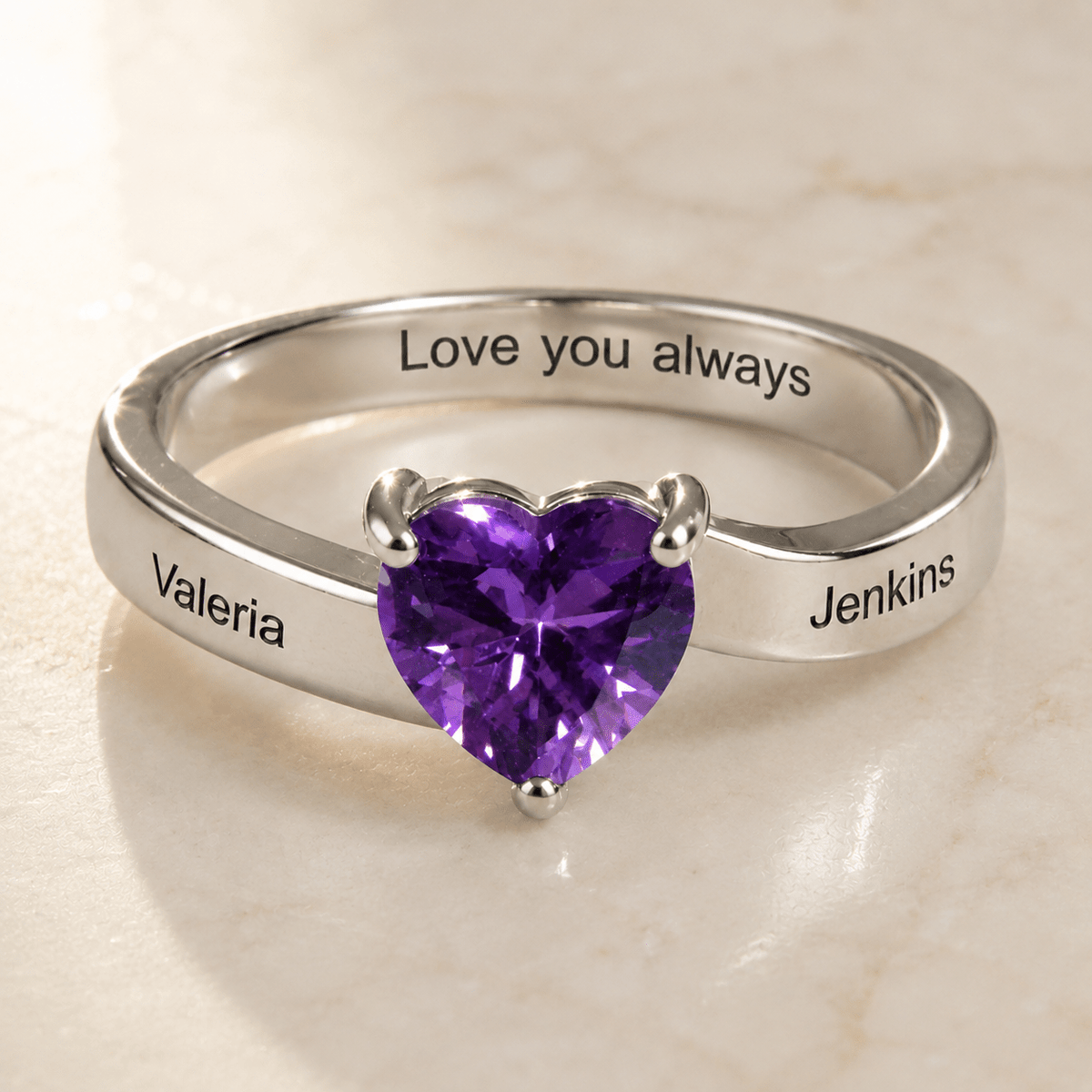Sterling Silver Solitaire Big Heart Birthstone Ring for Women with Engraving