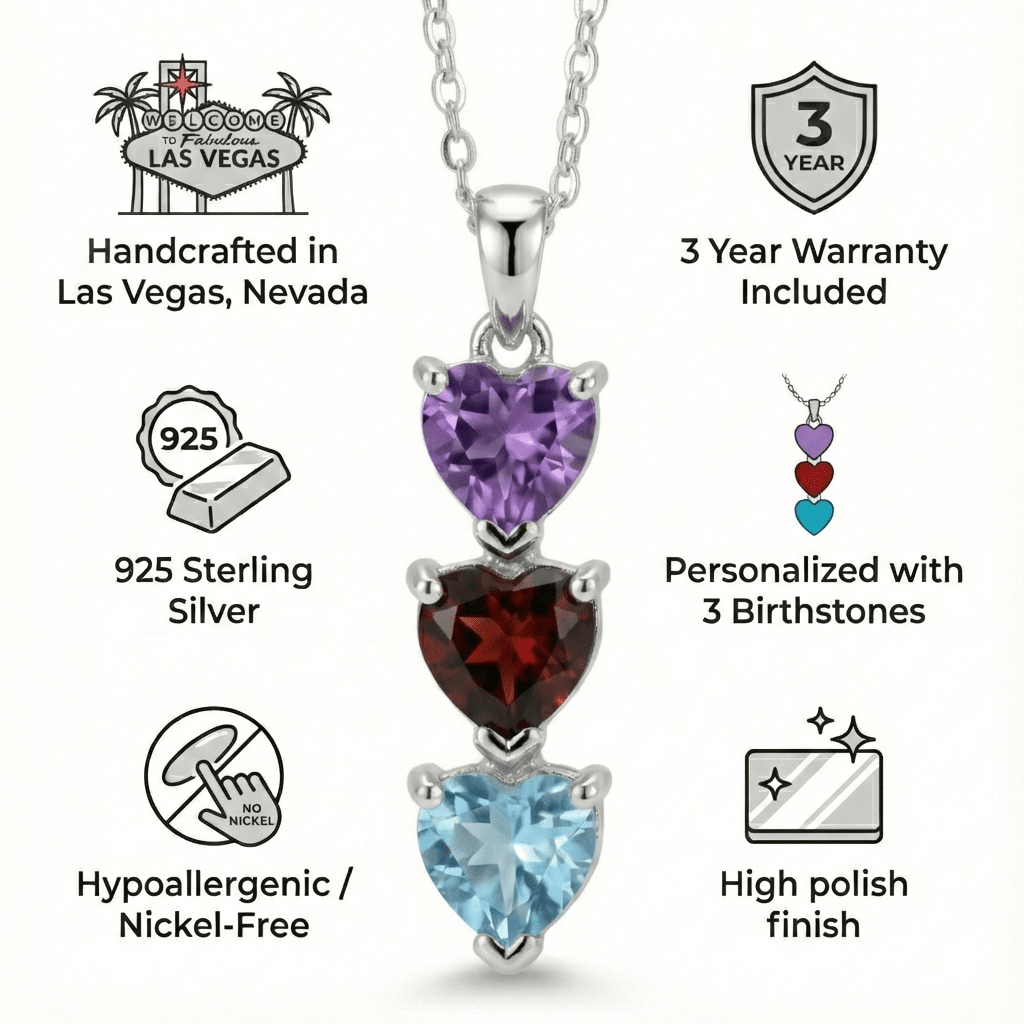 QUICKSHIP 3 Birthstone Necklace for Women, Mother's Day Necklace with Three Heart Birthstones in 925 Sterling Silver, Personalized and Customized Triple Birthstone Necklace, Sterling Silver Chain 18" + 2"