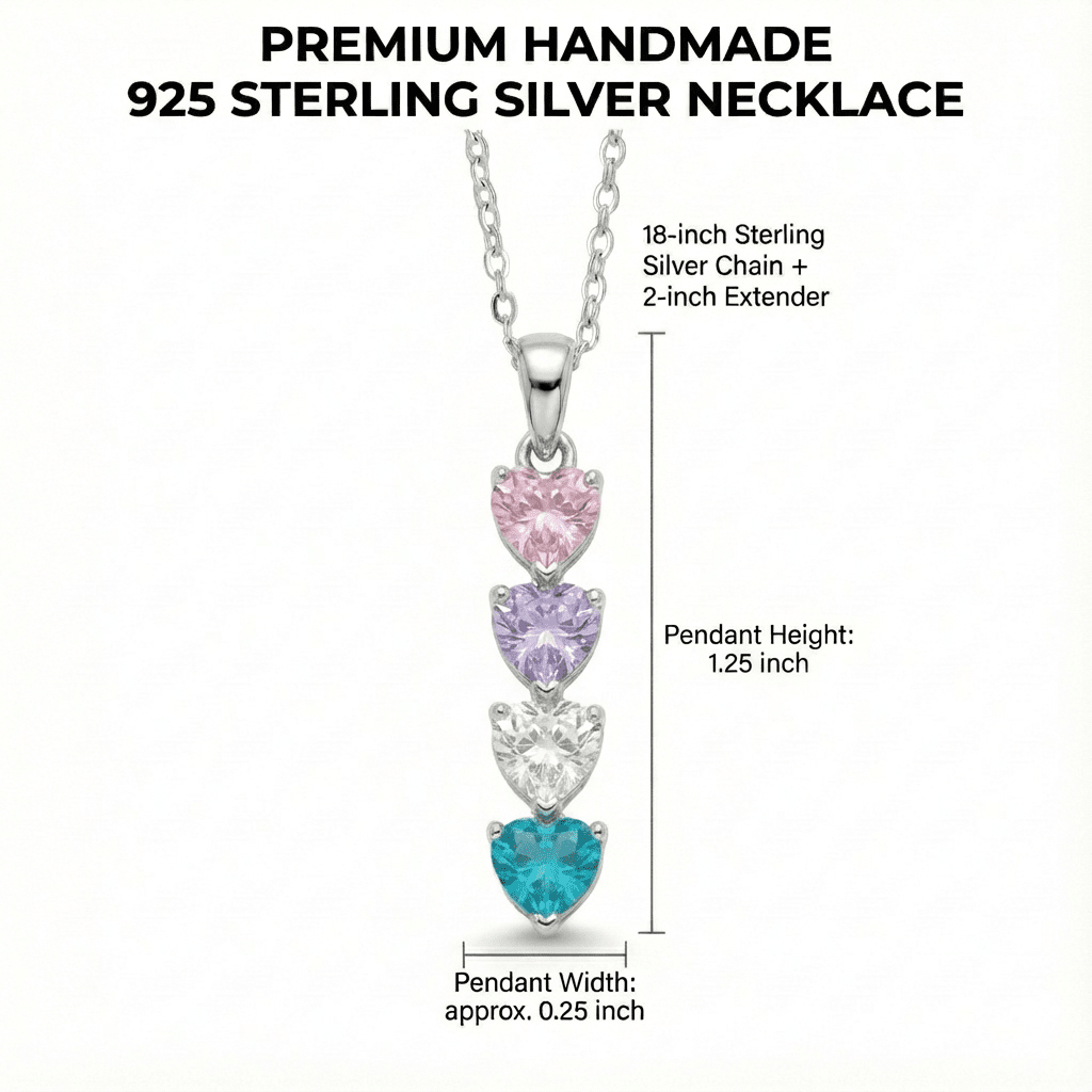 QUICKSHIP 4 Birthstone Necklace for Women, Mother's Day Necklace with Four Heart Birthstones in 925 Sterling Silver, Personalized and Customized 4 Stone Necklace, Sterling Silver Chain 18" + 2"