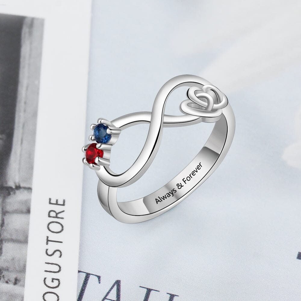 Sterling Silver Infinity Promise Ring with Interlocking Hearts and 2 Round Birthstones