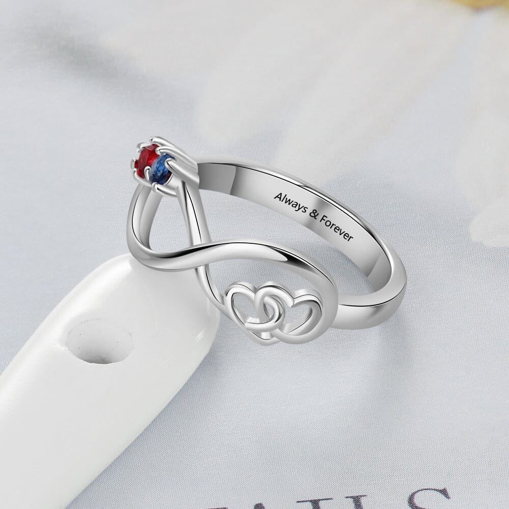 Sterling Silver Infinity Promise Ring with Interlocking Hearts and 2 Round Birthstones