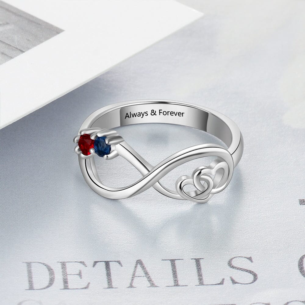 Sterling Silver Infinity Promise Ring with Interlocking Hearts and 2 Round Birthstones