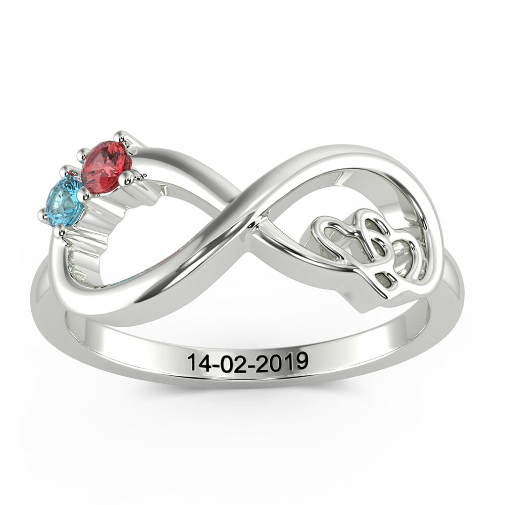 Sterling Silver Infinity Promise Ring with Interlocking Hearts and 2 Round Birthstones