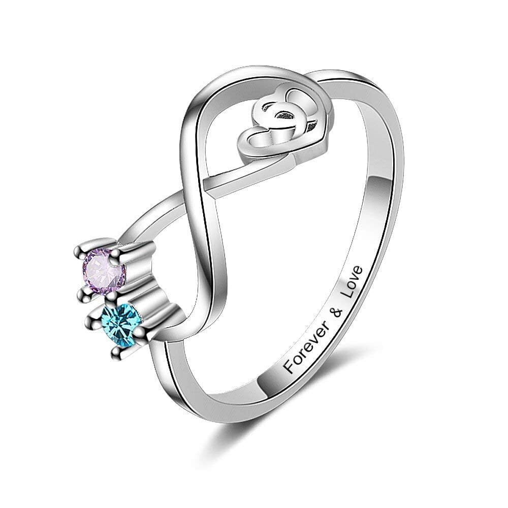 Sterling Silver Infinity Promise Ring with Interlocking Hearts and 2 Round Birthstones