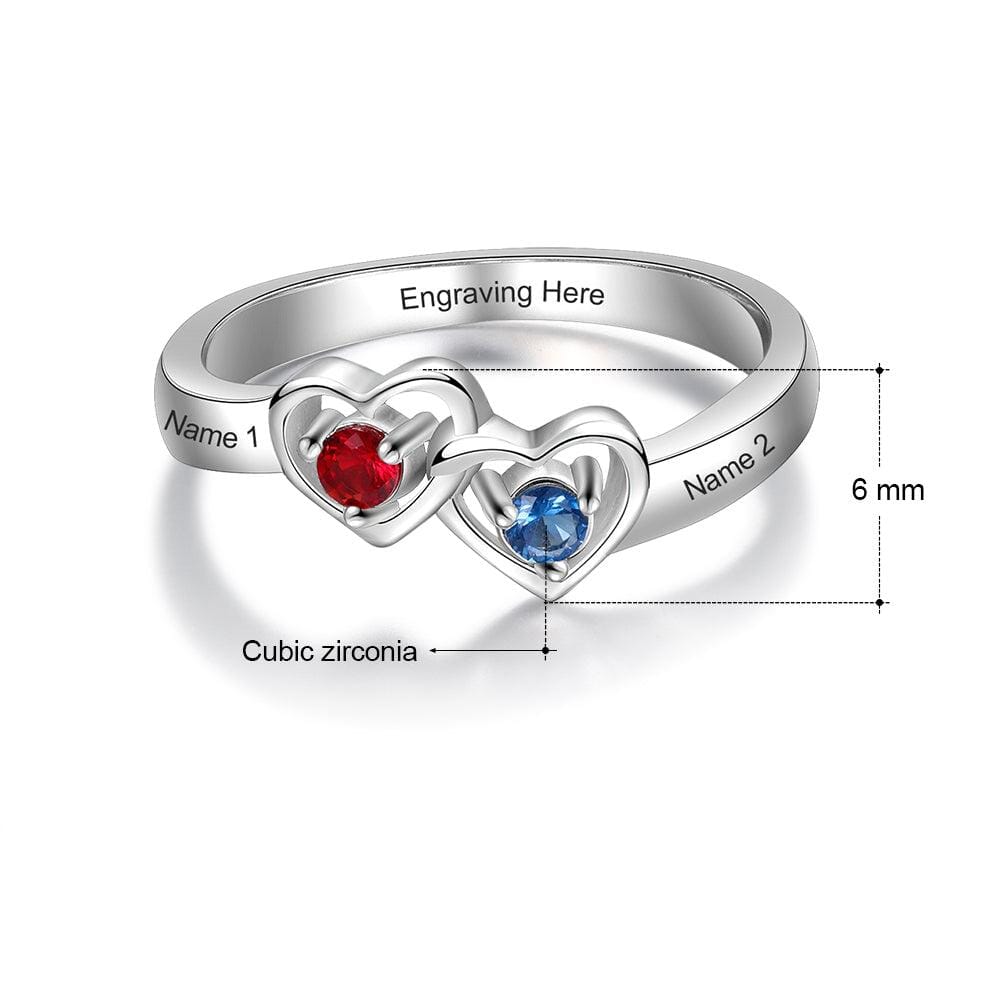 Sterling Silver Promise Ring with Interlocking Hearts and 2 Birthstones