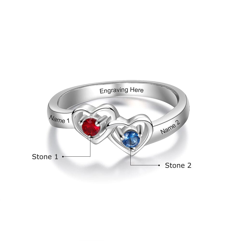 Sterling Silver Promise Ring with Interlocking Hearts and 2 Birthstones