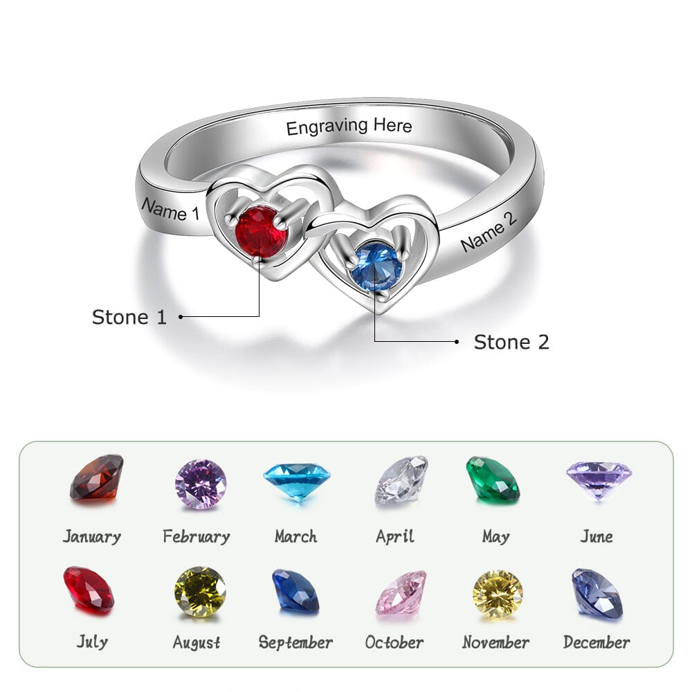 Sterling Silver Promise Ring with Interlocking Hearts and 2 Birthstones