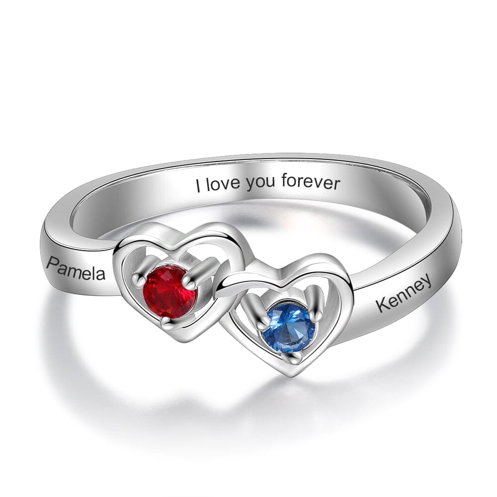 Sterling Silver Promise Ring with Interlocking Hearts and 2 Birthstones