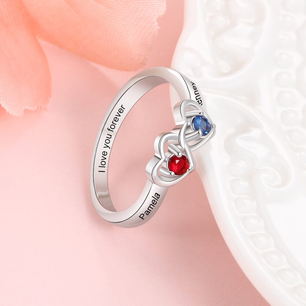 Sterling Silver Promise Ring with Interlocking Hearts and 2 Birthstones