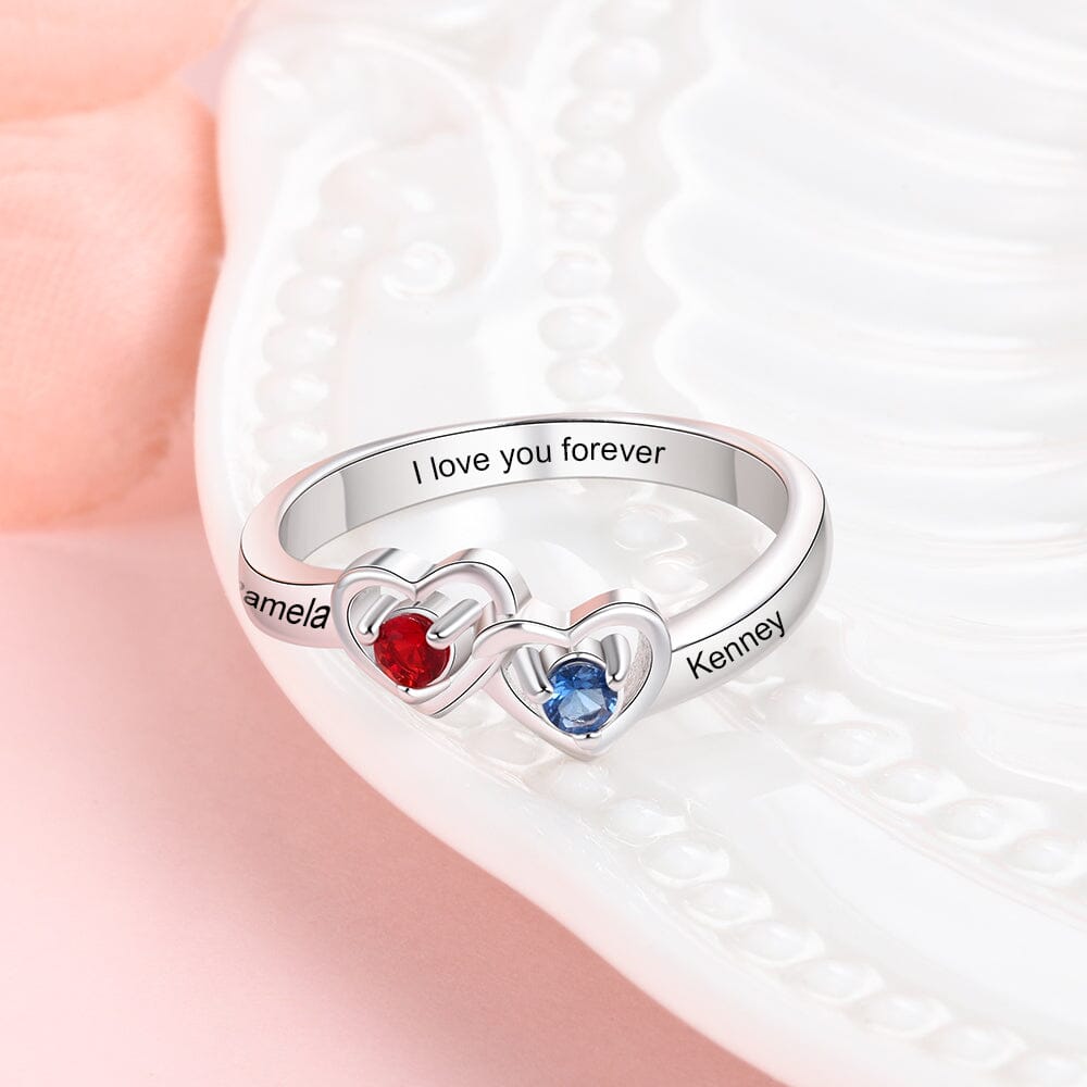 Sterling Silver Promise Ring with Interlocking Hearts and 2 Birthstones