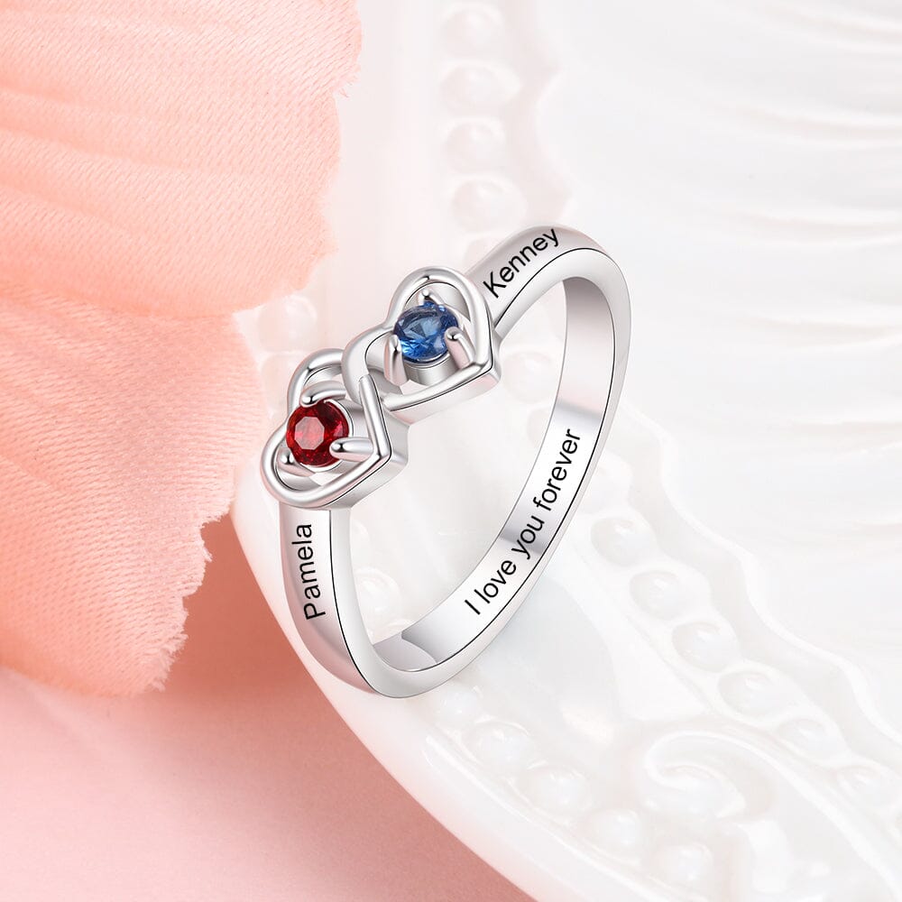 Sterling Silver Promise Ring with Interlocking Hearts and 2 Birthstones