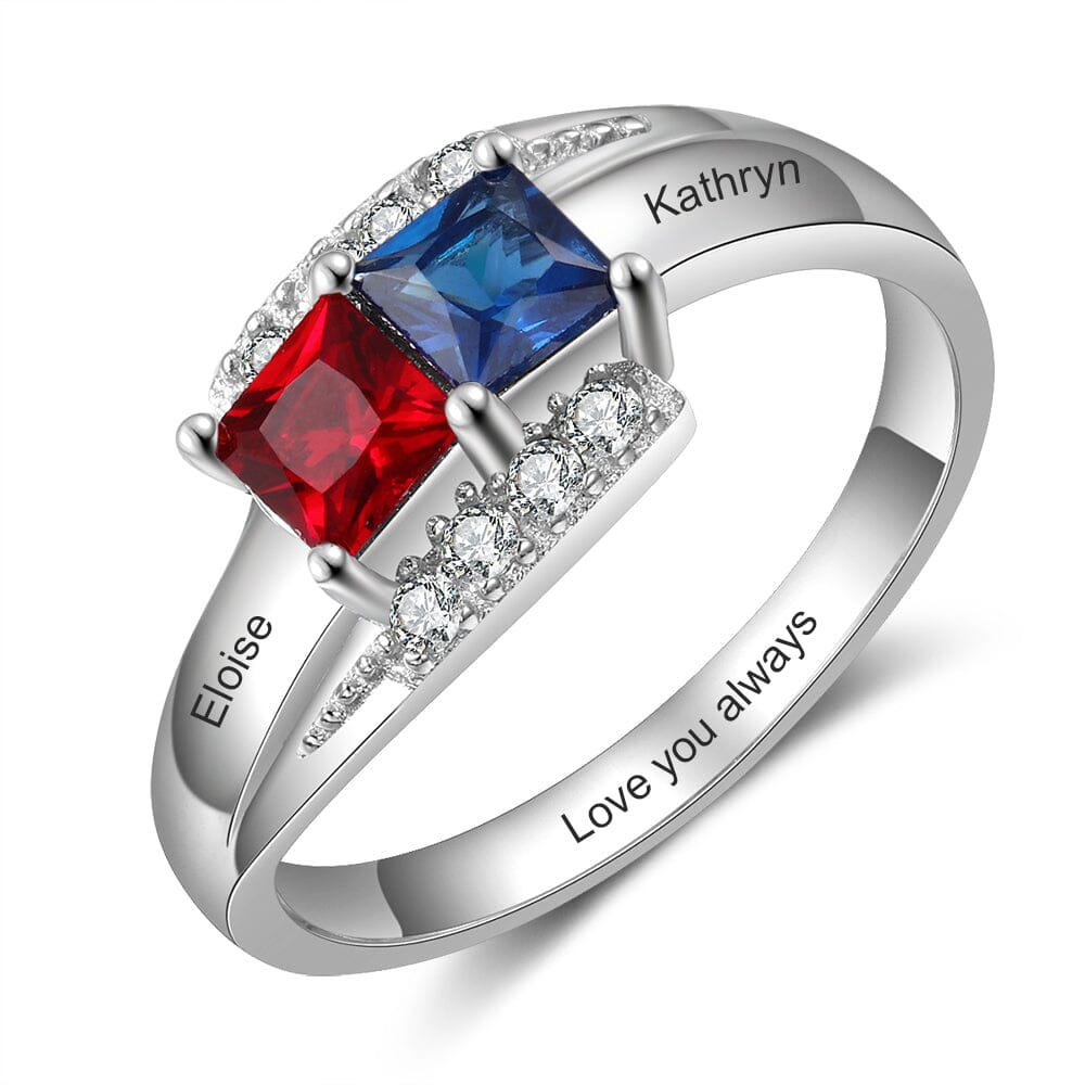 Sterling Silver Promise Ring with 2 Square Birthstones, Accents and Engraving