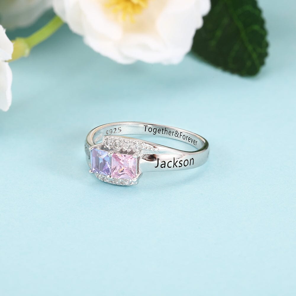 Sterling Silver Promise Ring with 2 Square Birthstones, Accents and Engraving