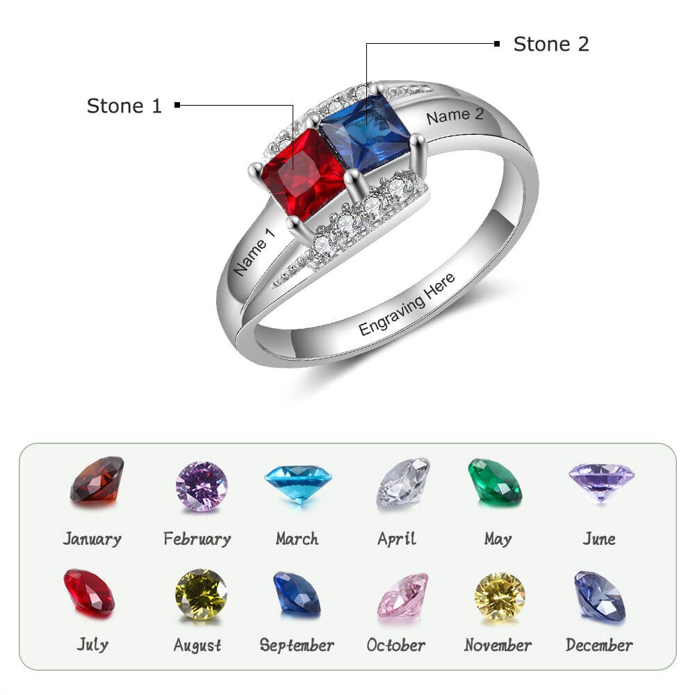 Sterling Silver Promise Ring with 2 Square Birthstones, Accents and Engraving