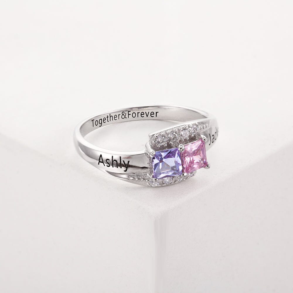 Sterling Silver Promise Ring with 2 Square Birthstones, Accents and Engraving