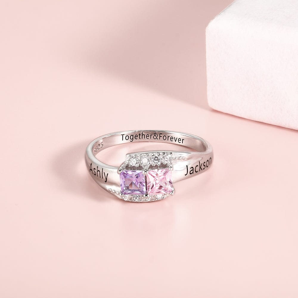 Sterling Silver Promise Ring with 2 Square Birthstones, Accents and Engraving