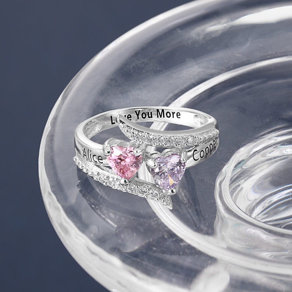 Sterling Silver Pointed Bypass Promise Ring with 2 Heart Birthstones, Accents and Engraving