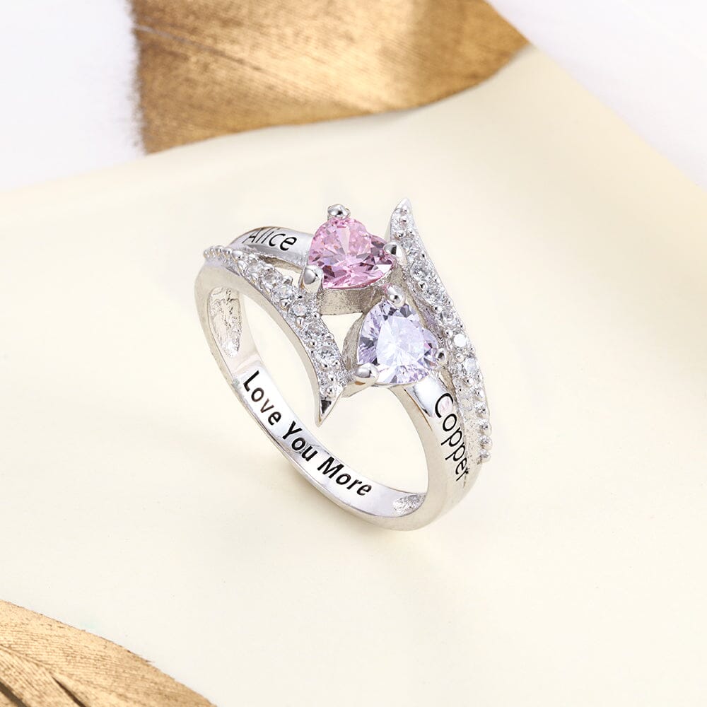 Sterling Silver Pointed Bypass Promise Ring with 2 Heart Birthstones, Accents and Engraving