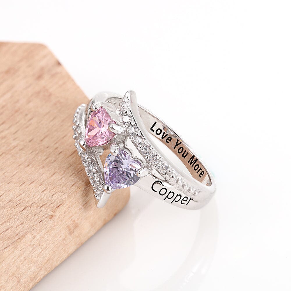 Sterling Silver Pointed Bypass Promise Ring with 2 Heart Birthstones, Accents and Engraving