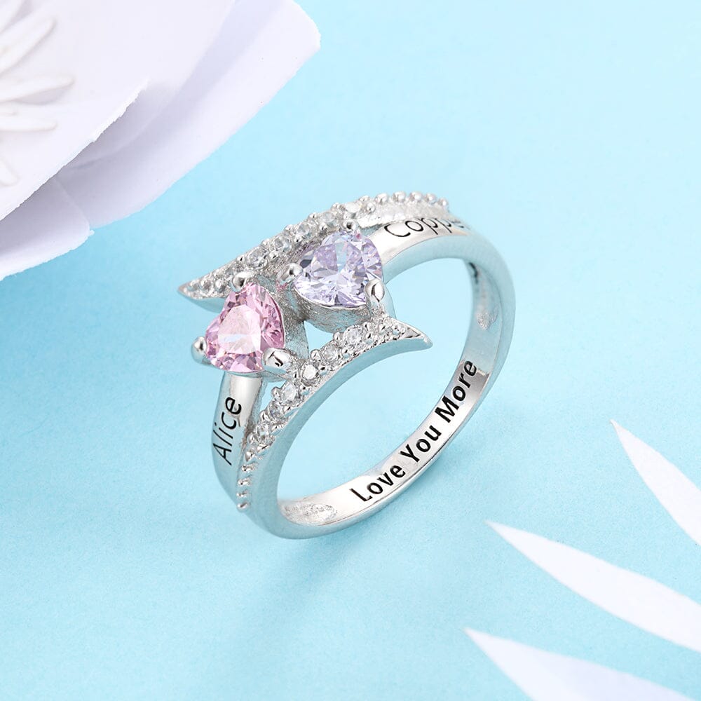 Sterling Silver Pointed Bypass Promise Ring with 2 Heart Birthstones, Accents and Engraving