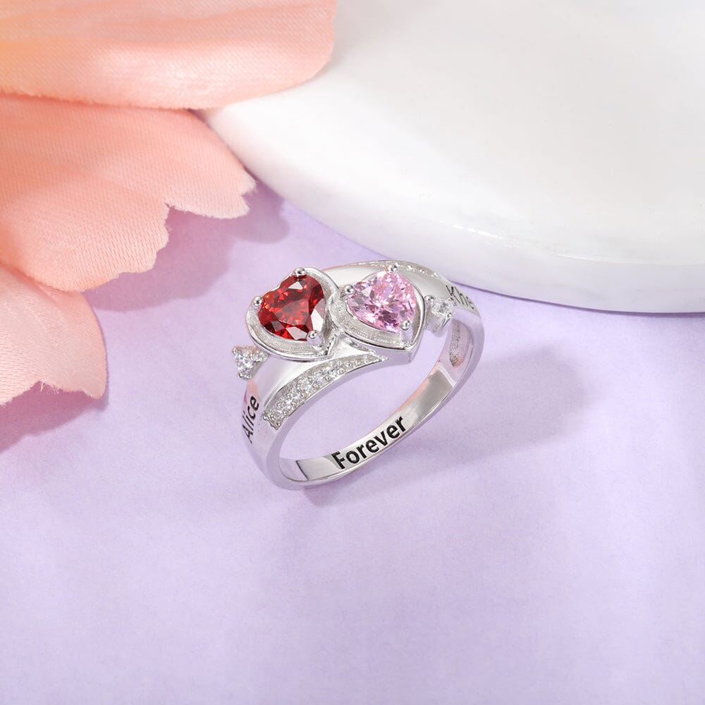 Sterling Silver 2 Hearts Birthstone Ring with Accents