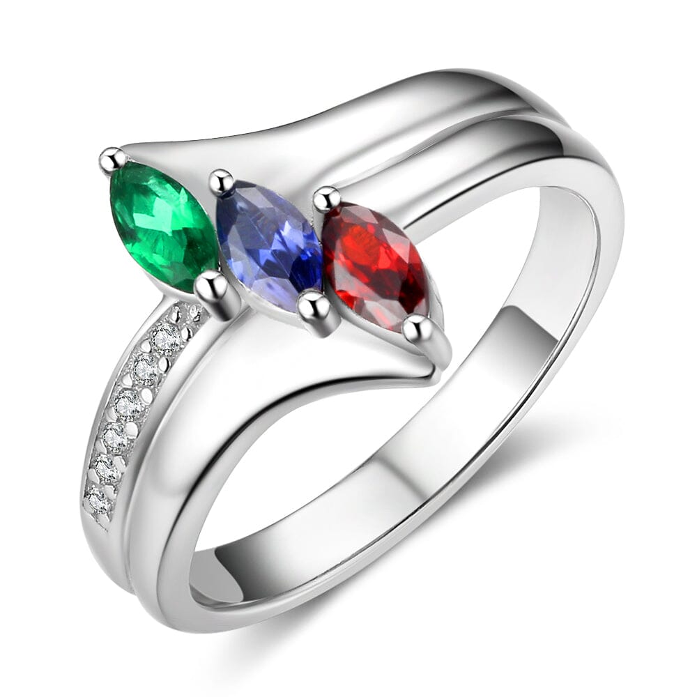 Sterling Silver Mothers Ring with 3 Marquise Birthstones and Engraving