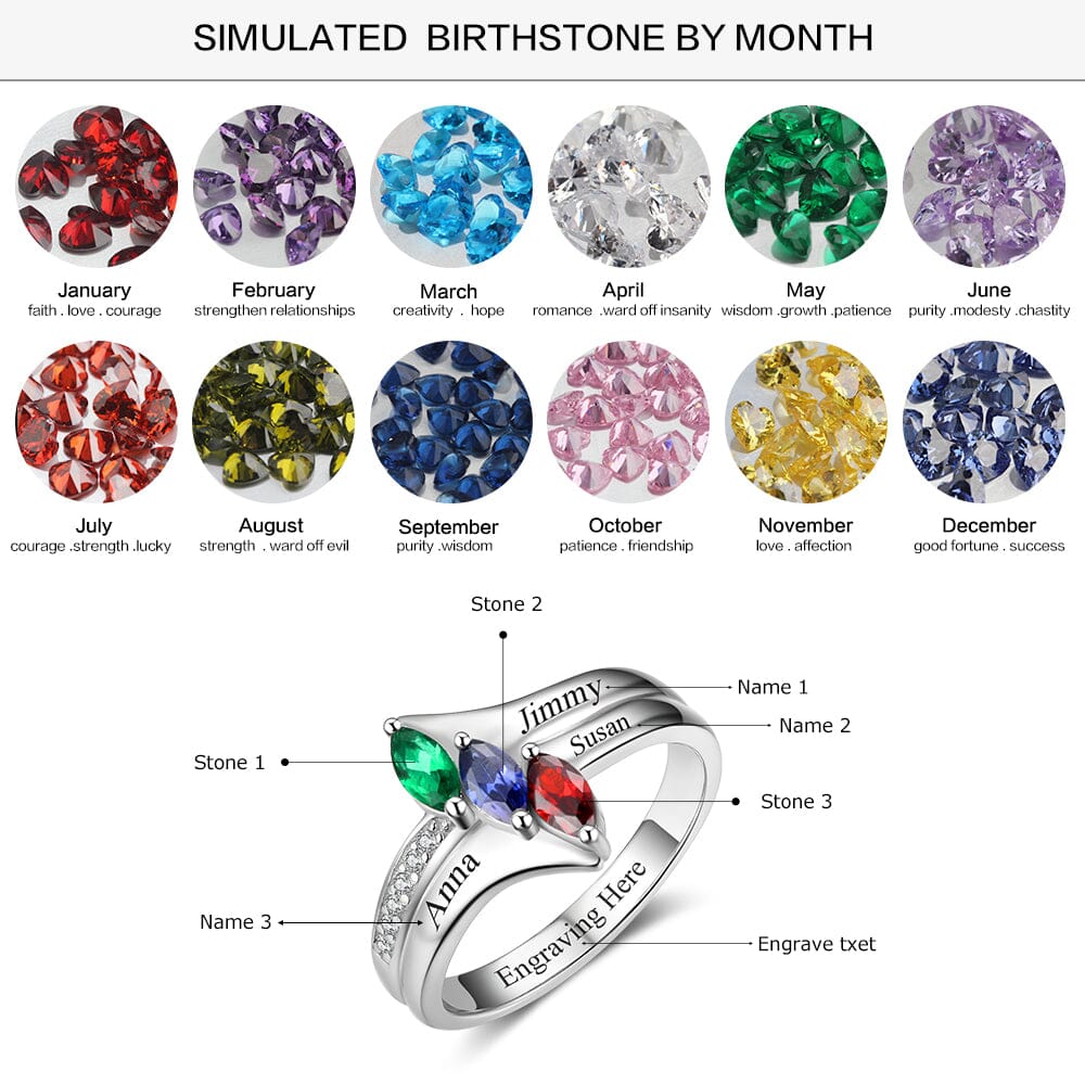 Sterling Silver Mothers Ring with 3 Marquise Birthstones and Engraving