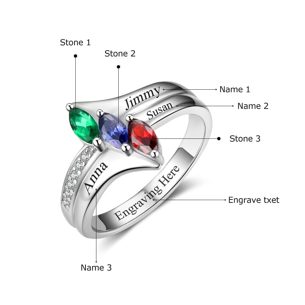 Sterling Silver Mothers Ring with 3 Marquise Birthstones and Engraving