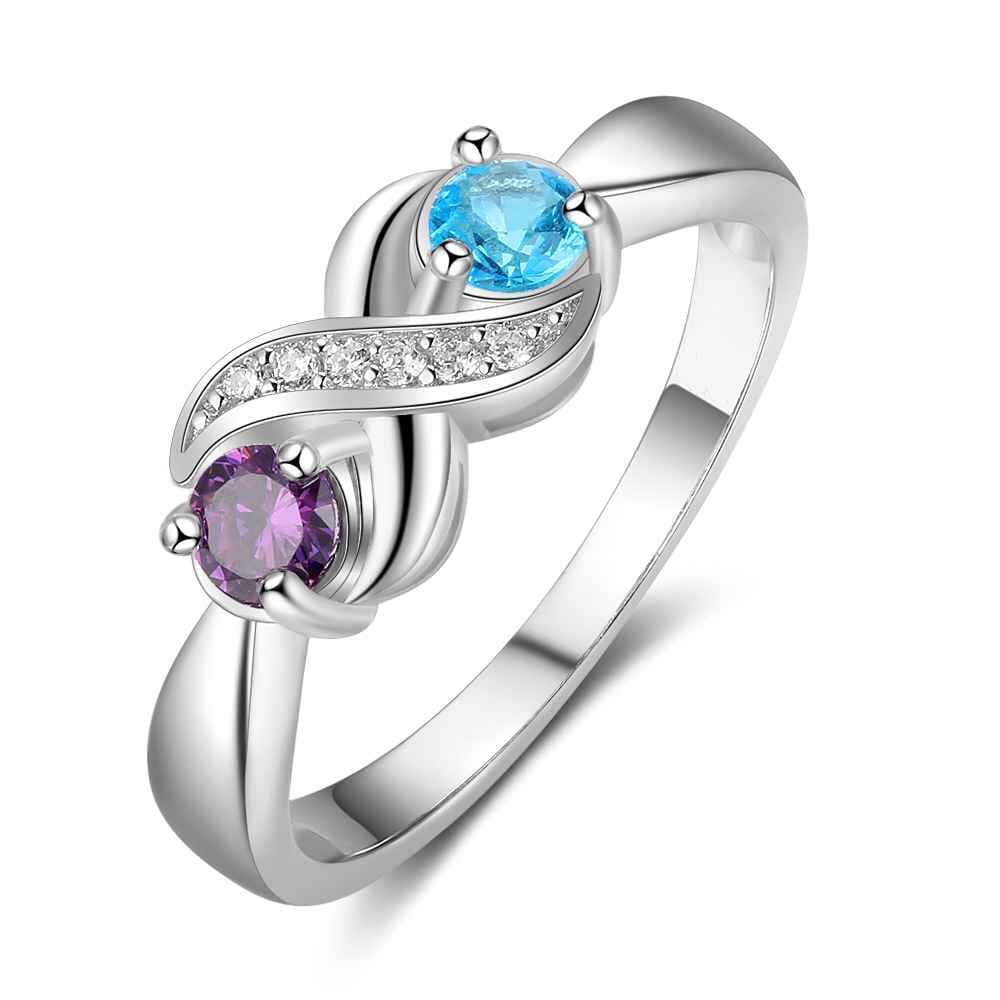 Sterling Silver Infinity Promise Ring with 2 Round Birthstones and Engraving