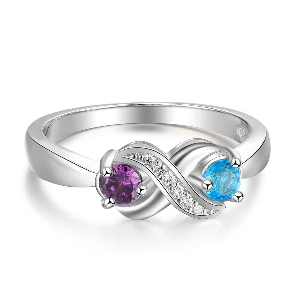 Sterling Silver Infinity Promise Ring with 2 Round Birthstones and Engraving