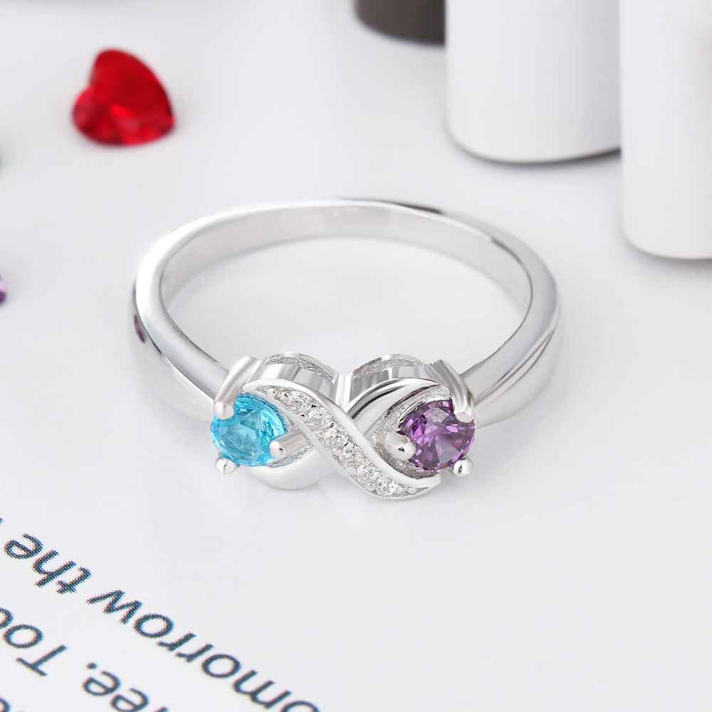 Sterling Silver Infinity Promise Ring with 2 Round Birthstones and Engraving