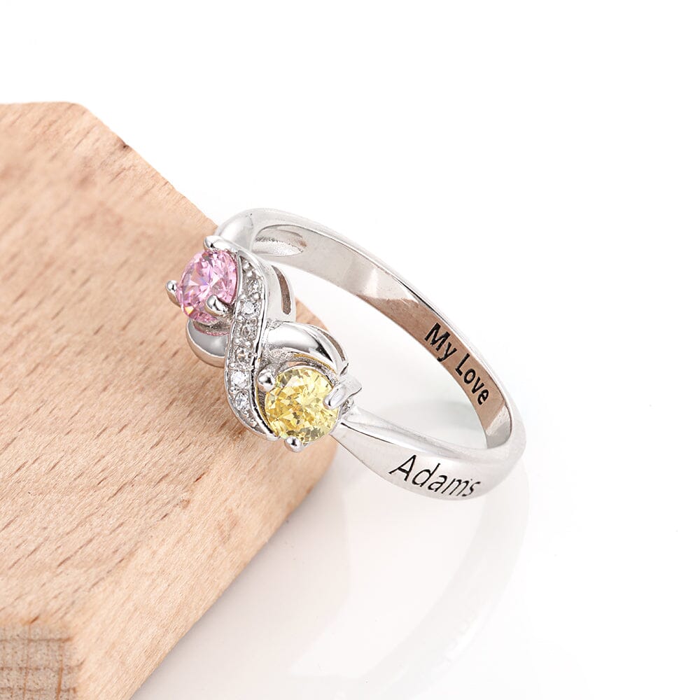 Sterling Silver Infinity Promise Ring with 2 Round Birthstones and Engraving